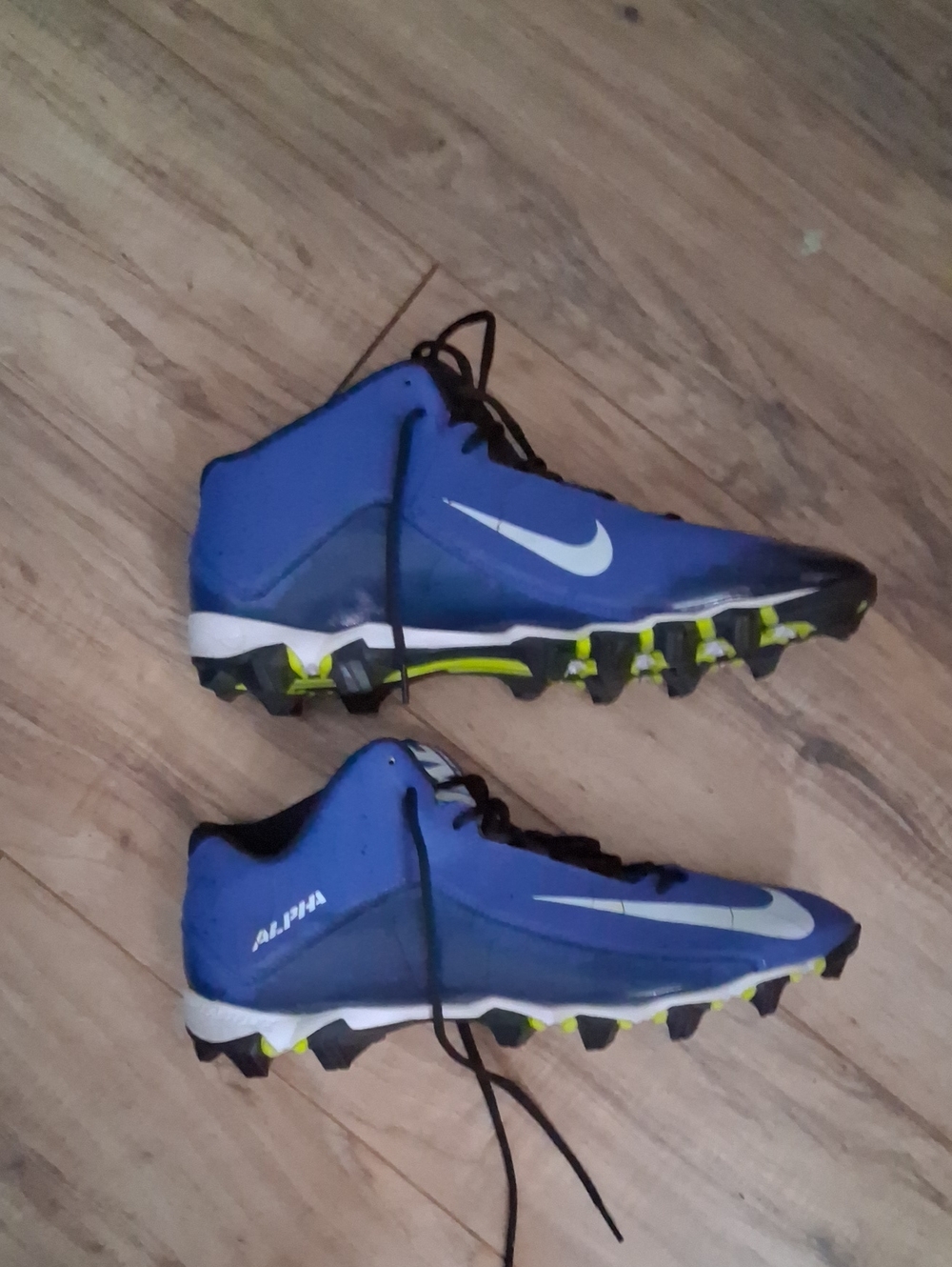 Nike Blue and White Alpha Football Cleats with Neon Yellow Accents